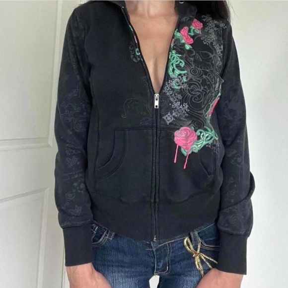 (W3) Self esteem, Y2K Vintage Floral Skull Print  Style Up Hooded Jacket W, Sz M - Picture 2 of 10